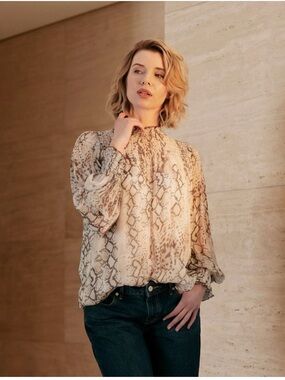 Joie Snake Print Smocked Balloon Sleeve High/Turtle/Mock Neck Blouse S